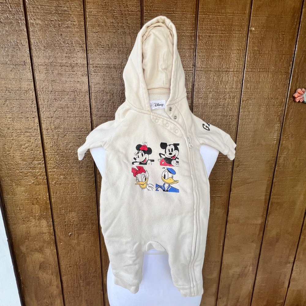 Baby Gap Disney Mickey Mouse Ears Hooded Romper Cream Fleece 0-3 Months